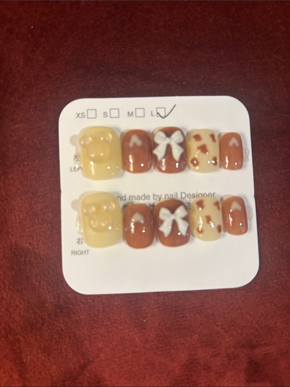 Handmade Kids Press-On Nail Set in Cream & Brown with 3D Bow